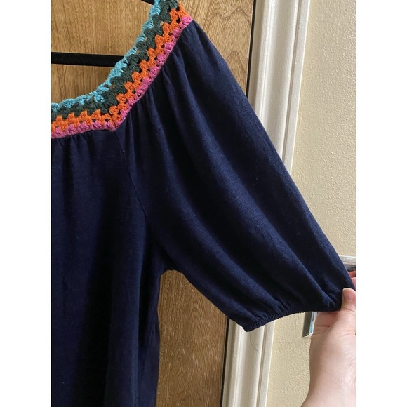 Boden Crochet Multicolor Square Neck Navy Linen Blouse Size 6 Flowy Puff Sleeve - Picture 12 of 14